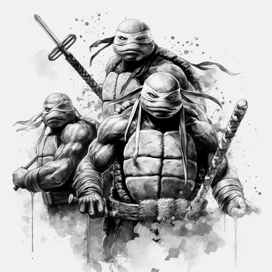 ninja turtles smoked drawing, black and white dark theme, clipart, on white background, spaced out, hd ar 2:3 s 1000