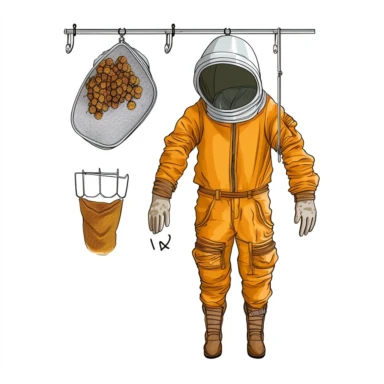 A detailed drawing of a beekeeper's suit, highlighting the protective layers, mesh veil, and gloves, hanging on a hook near a beehive, ready for use. (Digital drawing clipart, image black border color, full body, flat texture, transparent background)
