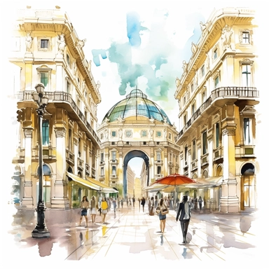 Beautiful hand draw Watercolor and vector drawing lines Paintings of Galleria Vittorio Emanuele II entrance, Milan , Italy. clear summer sky. clipart style.