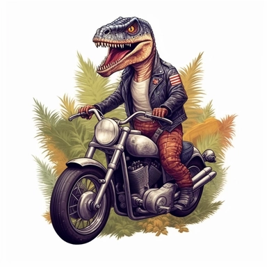 Create a clipart of a cute velociraptor in a leather jacket riding a vintage motorcycle. Strong and aggressive colors. Jungle trees before a White Background, soft lighting.