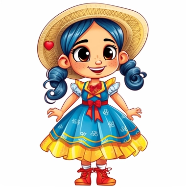A cute blond little girl dressed for a brazilian junina party, with a blue and yellow flowing dress, braids in her hair, red shoes, happy, Monica's gang style, Graphics Maurício de Sousa, digital art, big eyes, cartoon, clipart, country girl from festa junina from brazil cute drawing white background