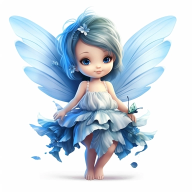 a beautiful happy baby fairy girl, blue flowered dress, blue eyes, highly detailed image, full body image, big wings, pixar style, clipart, white background,