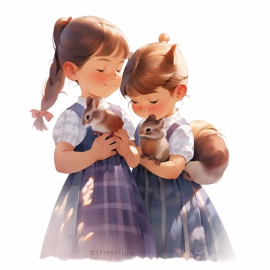 2 girls, squirrel girl and rabbit girl, Little girl exploring, illustration for book, children's book, 2 clipart, fiorucci angels, beautiful decoupage paper, pastel colors, white background clipartm, fantasy art, squirrel ears, perfect eyes, detailed body, Watercolor Clipart, strybk, full Illustration, 4k, sharp focus, watercolor, smooth soft skin, symmetrical, soft lighting, detailed face, concept art, watercolor style, strybk, children's style fairy tales, chibi kawaii, Octane rendering, 3d. P