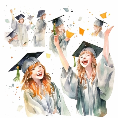 watercolor graduation ceremony related scenes, illustrations clipart set, simple, , cartoon elements ,different variants , separate elements with a margin, ,4k, high resolution