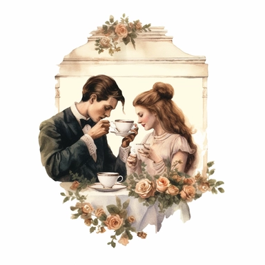 beauty couple drinking coffee, vintage cups, flower digital clipart on white background
