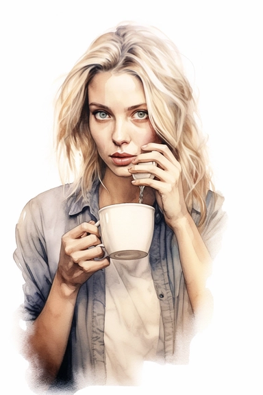 ultra-realistic watercolor pencil illustration of an extremely beautiful blond woman drinking coffee, detailed, realistic, watercolor illustration isolated on white background, sketch lines, with margins, realistic with high details, art decals, clipart, distinct lineart, illustrated album