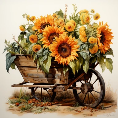 sunflowers in a wheelbarrow, in the style of photo realistic and hyper-detailed watercolor, sketchfab, ahmed morsi, realistic watercolor, use of common materials, handcrafted designs, clipart with white background
