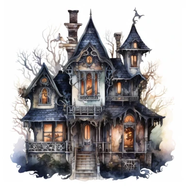 elaborate and detailed watercolor haunted house, clip art, white background