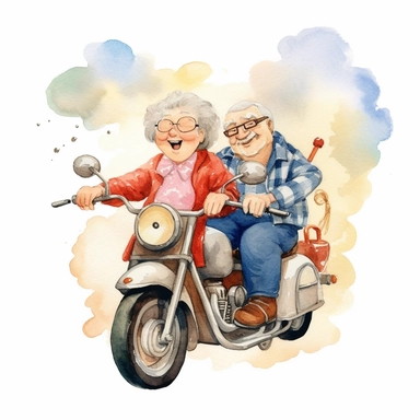 Cartoon style , Grandpa drove Grandma by motorbike, Funny Grandparents clipart, on white background, watercolor