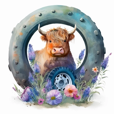 Highland Cow sitting inside a tractor tyre with flowers, Watercolor, Clipart, Farm Animal, clipart