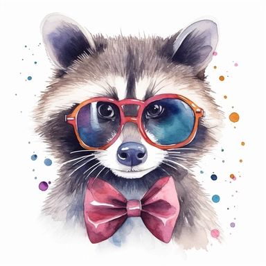please create watercolor clipart of a raccoon smiling, wearing party GLASSES AND BOW TIE and bubbles, colorful, WHITE BACKGROUND