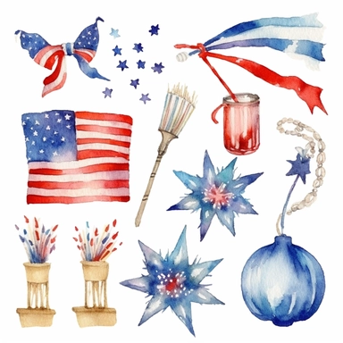 4th of July, watercolor clip art AR 3:2