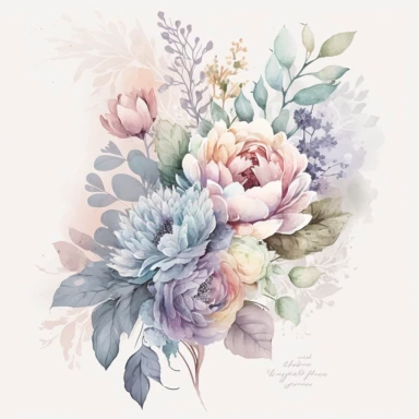 soft colorful pastel colored floral arrangement clipart, soft and subtle, colorful fairy pastel colors watercolor style, fawncore, pastel roses only, single rose, light indigo pastel, light purple pastel, muted navy pastel, dreamy pastel colors, muted pastel colors, plain white background, use of fabric, excellent depth of shading in soft watercolor style, watercolor artwork, plain white background for transparent editing