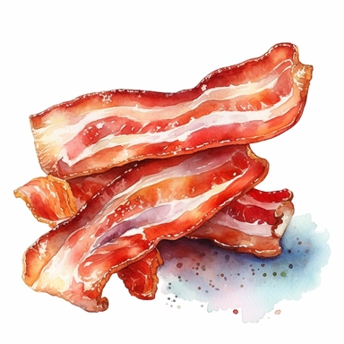 clip art, high quality, watercolour, hand drawn, super realisitc, very sharp and in focus, white background, bacon clipart, on or two rashers of bacon