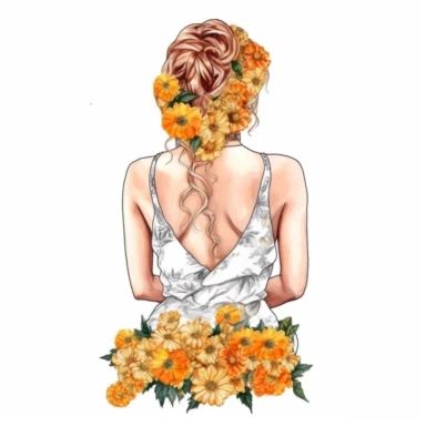 Watercolor A woman's face, full body, back view White fabric leaves flowers Marigolds decorate hair, wedding dress with flowers Marigolds and leaves adorning her hair. hair up with flowers Marigolds vividly bold designs png Full body realistic cartoon in 32K UHD cute. 15 cm thick outline. . There was no shadow on the ground. 8k with realistic watercolors. and detailed illustrations. PNG, clipart, hd, on white background, spaced out