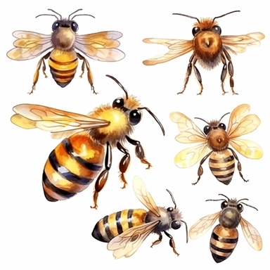 Watercolor HONEY BEE, Various expressions and emotions, clipart, isolated on white background
