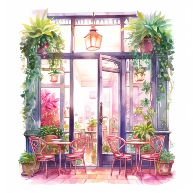 Dimetric illumination of a commercial view of cute watercolor cafe window with tables and spring pinkflowers in front, pastel french cafe, with plants plants, god rays, high quality, intricate design, clipart witchcore dreamcore cottagecore white background no text, isolated on white, ghibli style, award winning