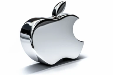 Light painted simple clipart logo, small [one small metal apple] on a [white] background. Clean crisp illustration. Bold colors. Ultra minimalistic. Separate logo from background