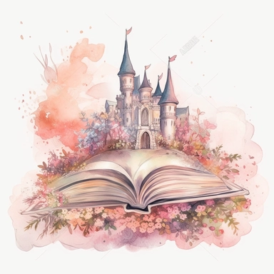 fantasy scene coming out of an open book, castle and garden , florals, magical, watercolors, Clipart, pastel pink color theme