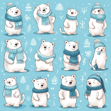 Charming polar bear clipart in the style of john james audobon, showcasing these adorable arctic animals in various playful poses and expressions, adorned with winter accessories