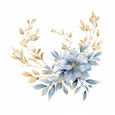 watercolor dusty blue and gold floral leaves clipart for wedding invitation card, hd, detailed, pastel color, clean line, on white background, spaced out
