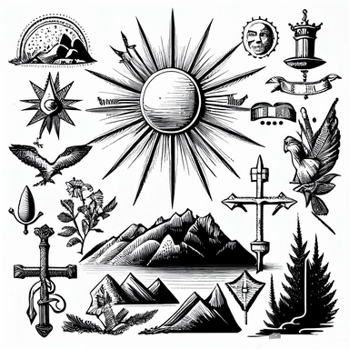 A black and white vector drawing of a variety of protestant christian objects including Bethlehem star, Crosses with rays, Shepherd's crooks, Fish and nets, Crowns of thorns, Worship hands, Dove with a branch, Mountain landscapes with a cross, a detailed drawing inspired by Josef Navrátil, Anno Domini, black and white vector art, clipart, highly detailed vector art, coherent, white background