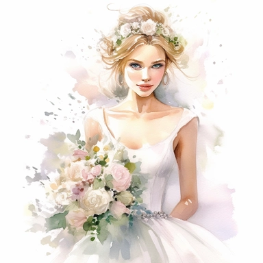 beautiful watercolor fun, happy and cute photorealistic stylish, smiling bride in white wedding dress and tiara beautiful, whole body, decorated in big pastel and light colors flowers in the style of aquarelist, wedding illustrations award winner, wedding clipart, 8k, white background, intricate details illustrations very detailed, uhd exquisite clothing detail, rimel neffati