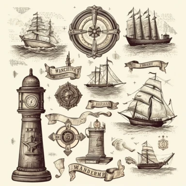 maritim symbols, vintage, clipart, 8k, high detail, white background