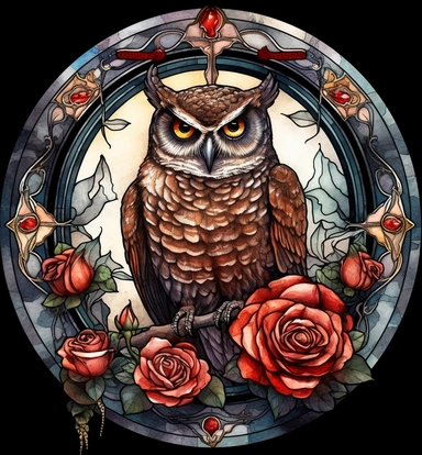 DESIGN A MAGNIFICENT AND EXQUISITE BREATHTAKING ONE-OF-A-KIND HIGH QUALITY HIGHLY DETAILED MASTERPIECE WATERCOLOR CLIPART ILLUSTRATION OF an owl and roses in a circular frame, in the style of powerful symbolism, aquarellist, stained-glass, massurrealism, cybermysticsteampunk, strong sense of realism, crowcore, STAINED GLASS WONDOW, WHITE BACKGROUND