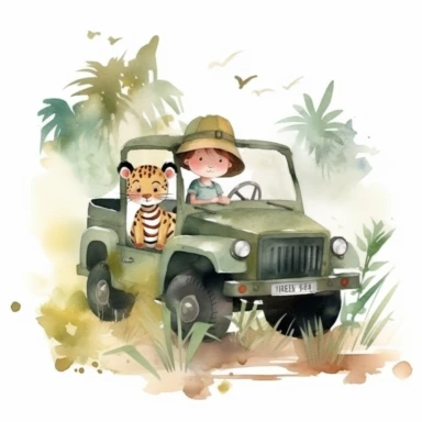 A super cute happy baby [safari animals], in a [jungle, jeep], illustration watercolor style, minimalistic, clipart, children's book illustration, hd, 16k, 4k