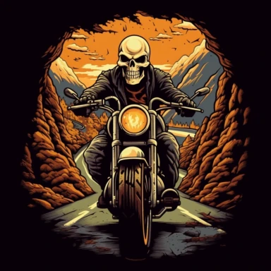 skull head motorcyclist on his harley riding down a steep mountain road clipart