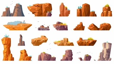 Desert rock vector set, cartoon stone canyon arc, Mexico eroded nature boulder isolated on white. Drought environment game object, dry cracked cliff kit west raw terrain formation. Desert rock clipart