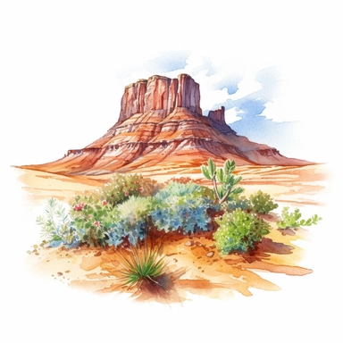 Hyperrealistic watercolor mesa and butte clipart in desert with some small shrubs in sight