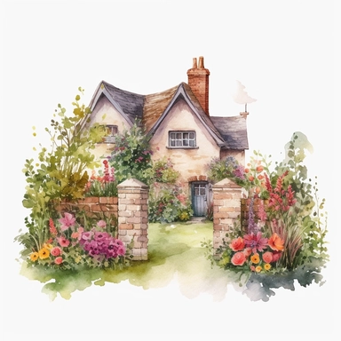 watercolour English cottage garden with a mix of colorful flowers and hedges plain background a png image that can be used as clipart