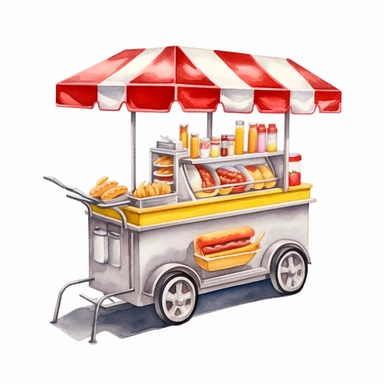 hyper-realistic high-detailed watercolor clipart of a mobile hot dog stand on a white background. The stand should have a sleek and compact design, reminiscent of the iconic New York street style. Depict a streamlined cart with a simple color palette, such as silver or gray, with pops of red and yellow accents. Ensure the clipart includes essential elements such as the serving window, grill, condiment area, and a small seating counter if desired. Emphasize the presence of the grill, showing it a