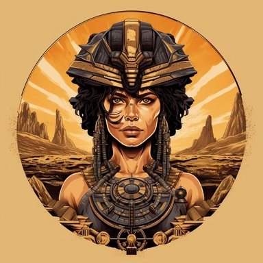 Create a captivating clipart featuring a Mad Max-inspired version of Cleopatra. Design an artwork that combines the regal beauty of Cleopatra with the rugged and post-apocalyptic aesthetics of Mad Max. Infuse the clipart with elements such as desert landscapes, worn-out clothing, battle gear, and Mad Max-style vehicles to evoke the gritty atmosphere of the franchise. Showcase Cleopatra as a fierce and powerful leader navigating a chaotic world with determination and resilience. With a white back