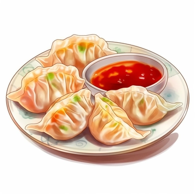 Dumplings (饺子) Picture: Plump, crescent-shaped dumplings with pleated edges, filled with minced meat and vegetables. The dumplings have a soft, chewy texture, with their translucent skins revealing the colorful filling inside. They are usually served with soy sauce, vinegar, and chili oil for dipping, watercolor clipart illustration, flat blank transparent background, food photography, soft cinematic lights, juicy, bright, high quality, ultra detailed, 32k