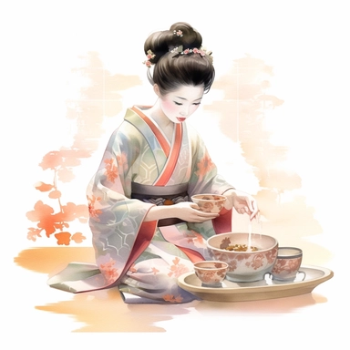 Create a clipart illustration of a Geisha engaged in a tea ceremony, showcasing the intricate details of the tea set and the serene ambiance, pastel colors, white background, fashion illustration, watercolor splash, clipart, by Jack Hughes
