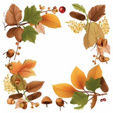 Create Separate Single Clip Art, Simplistic, Thick Natural Branches with Fall Leafs and Acorns AS a full Picture frame, Isolated and separated on WHITE Background, 2D, vector flat, clip art, No Gradients