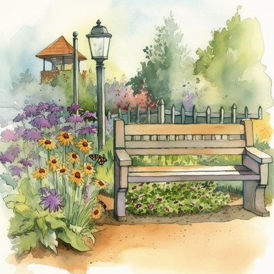 Create a charming watercolor clipart illustration of a public garden display featuring lavender, wildflowers, and sunflowers, with rustic scenes of trees and streams in the background. The focus is on the natural beauty and tranquility of the garden, inviting viewers to immerse themselves in its serene atmosphere. Begin by sketching the outline of the garden, including paths, flower beds, and seating areas. Place the lavender, wildflowers, and sunflowers strategically throughout the garden, payi
