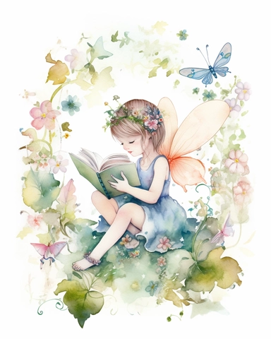 very simple watercolour childrens book style drawing of a cute fairy reading a book surrounded by flowers, pastel colours soft on white background for clipart, 8k