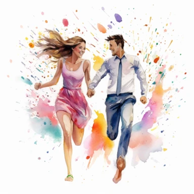 closeup photo of wedding couple in watercolor, Athletic couple running hand in hand, with a burst of confetti in the background, watercolor, Pixar style, Clipart on a white background