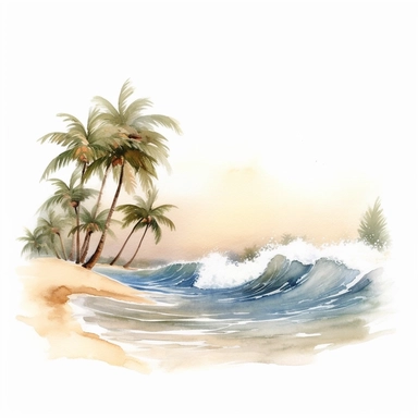 Sandy beach with waves and palm trees, clipart, watercolor, white background
