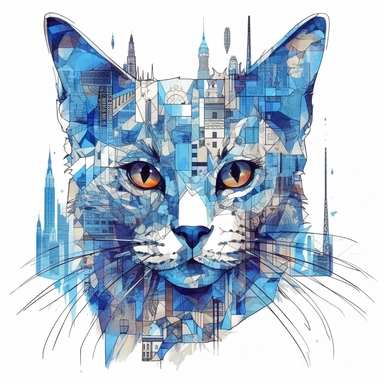 city cat, Blue eyes, collage quirky cool collage, Felis catus clipart, white contour detailed, clean line, hd, on white background, spaced out