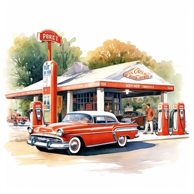 A classic American gas station with vintage pumps, where a friendly attendant in a retro uniform fills up a customer's car while they browse a display of old road maps and automobile memorabilia, extremely-detailed, high quality, clipart, watercolor, white background