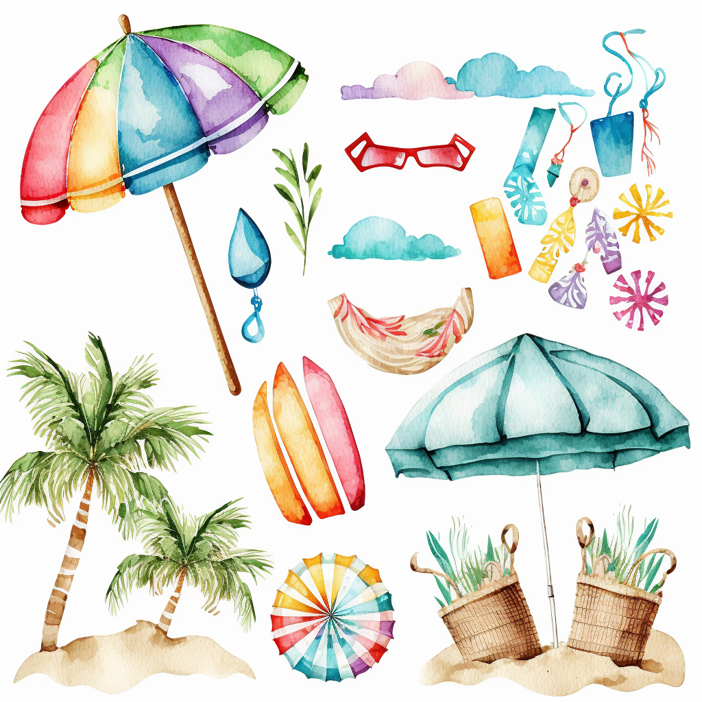 Watercolor Beach Items Clipart White Background Clip Art Library