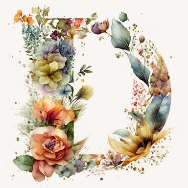 Watercolor botanical flower letter D, clipart, colorful, white background