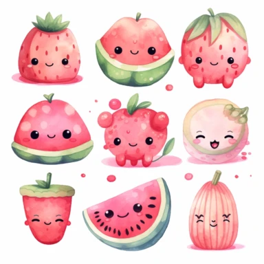 pink watercolour melon clipart. Kawaii style clipart. 3 vector graphics