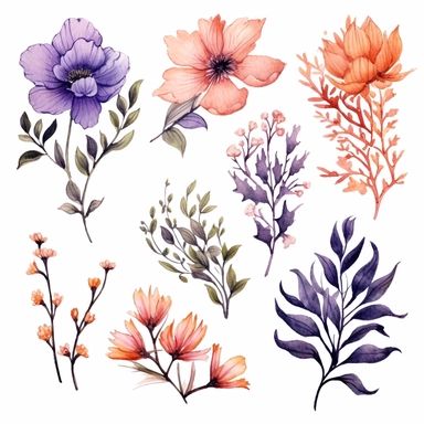 atercolor, handpainted floral clipart, transparent background, 6 elements evenly spaced out by 1 inches