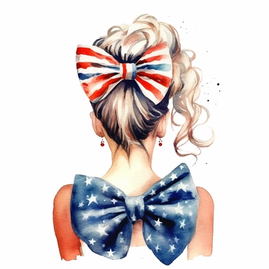 Watercolor messy bun girl with American flag bow clipart, white background